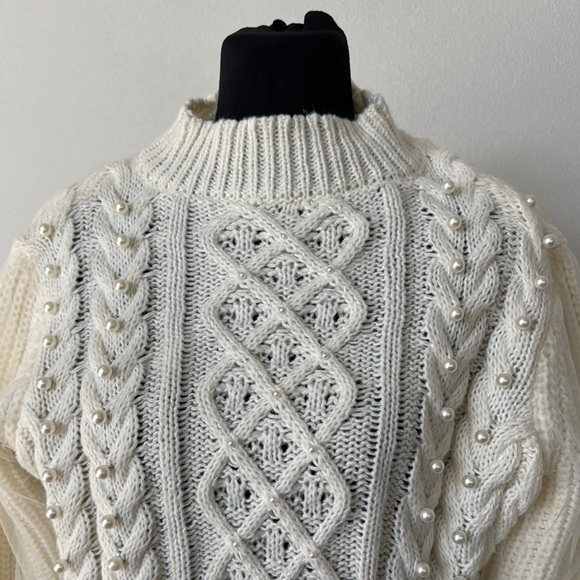 White Cowl Neck Cable Knit Sweater - Picture 2 of 8
